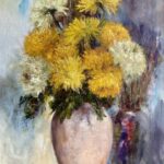 Yellow and white chrysanthemums in a vase