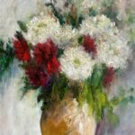 White and red chrysanthemums in a vase